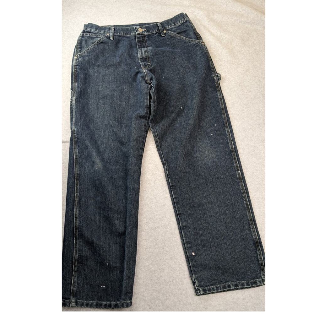 Wrangler Carpenter Dark Blue Jeans Men's 34 X 32 Paint Splatter Denim Work